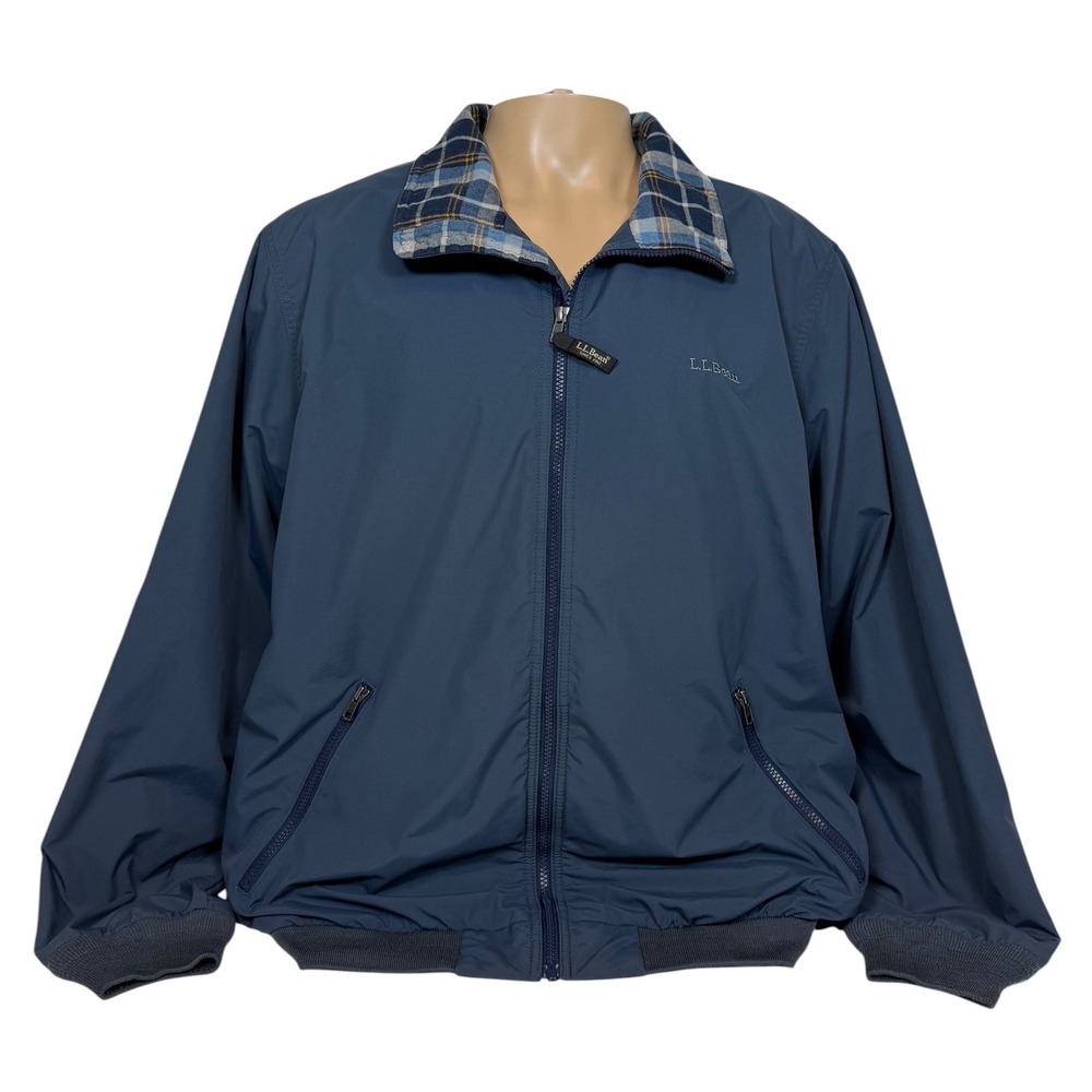 LL Bean Men XL Tall Warm-Up Jacket Navy Blue Plaid Flannel Lined Full Zip Bomber